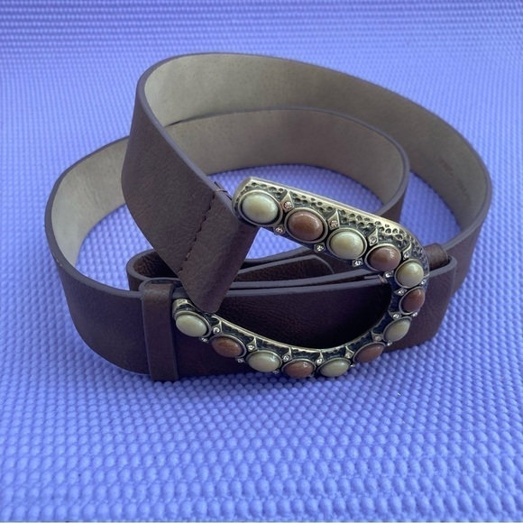 Chico's Brown adjustable belt brass buckle with tan/brown stones SZ M/L … - Picture 2 of 11